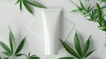 An elongated oval white hand cream tube on a white canvas and few cannabis leaves - obrazy, fototapety, plakaty