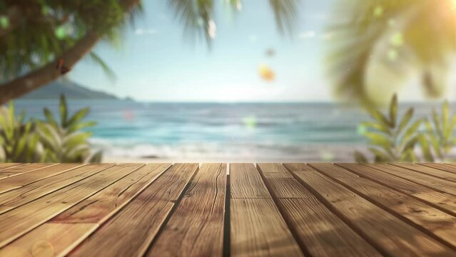 empty wooden planks with blur beach and sea. seamless looping overlay 4k virtual video animation background 