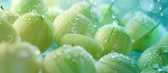 A cluster of green flowers glistens with water droplets, creating a refreshing and lively scene....