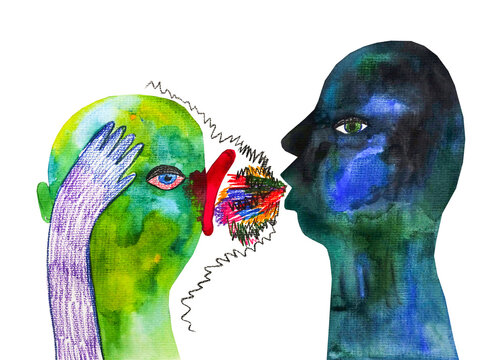 Disegno grafico concettuale su sfondo bianco questioni sociali. Alzare la voce, dire parolacce. Sgridare una persona 