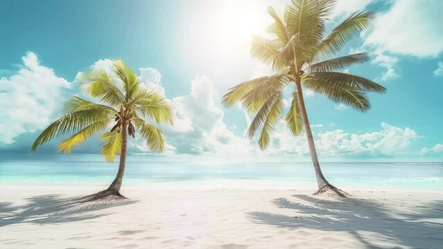 beautiful tropical beach with white sand palm trees. nature scene background. seamless looping overlay 4k virtual video animation background 
