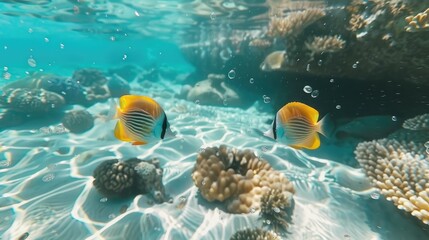 Naklejka na ściany i meble Vibrant Orange Tropical Fish Swimming Among Bubbles