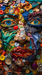 Abstract Face assemblage composed of various household objects and materials, buttons, cloth, trinkets, findings.