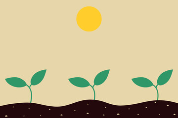 Fototapeta premium Crops began to sprout in the spring soil. Sun for plant development. Horizontal vector illustration.