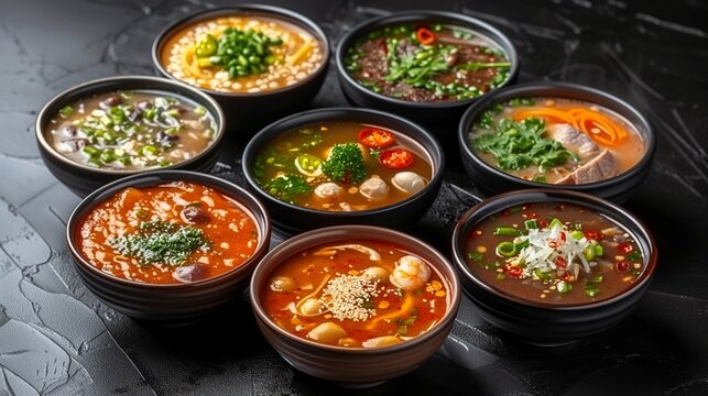 A variety of soups with different ingredients and garnishes in the bowls