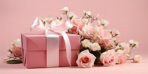 A pink gift box with a white ribbon, pink and white roses on a pink background