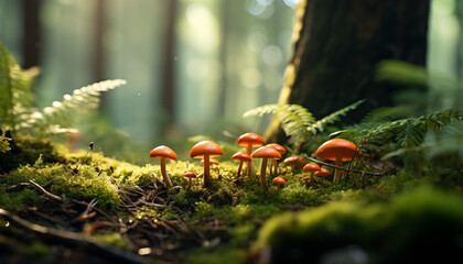 several mushrooms grow on moss in the forest in beautiful sunlight. mushrooms in the forest. - obrazy, fototapety, plakaty
