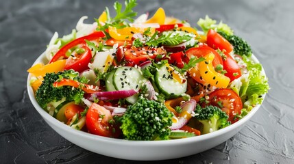 Close up of a fresh salad in a white bowl, showcasing vibrant leaf vegetables