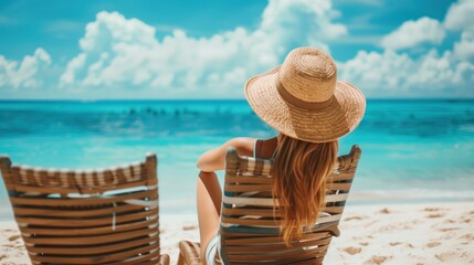 Beautiful woman sitting on the sunbed tropical beach in summer - obrazy, fototapety, plakaty