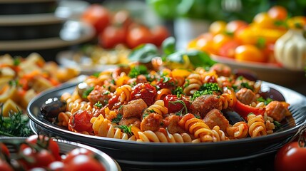 Closeup of a pasta dish with tomatoes and meat on a table