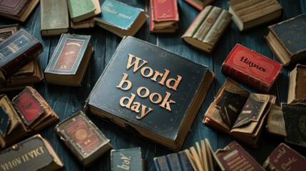 Books Text with "World book day" Caption on Black background