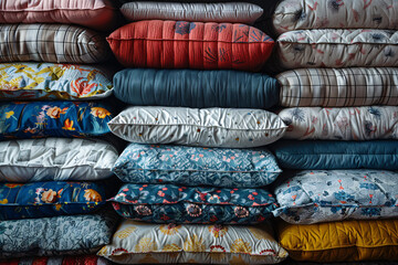 Variety of colorful stacked cushions on display