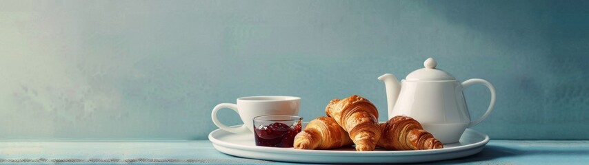 A breakfast tray with a freshly brewed pot of coffee and a teapot alongside, served with croissants and jams, inviting a leisurely morning. - obrazy, fototapety, plakaty