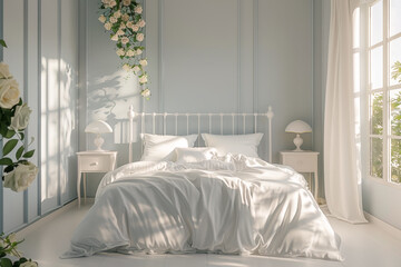 Luxury bedroom interion with big window and morning sunlight, beautiful bedroom with cozy white bed sheet.