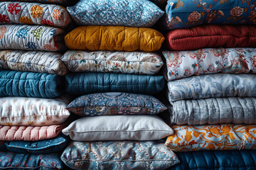 Stacks of colorful fabric pillows in an orderly arrangement