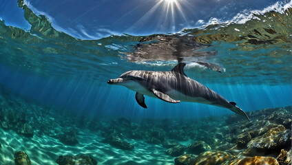 Delfin w Tropikalnej Lagunie – Harmonia z Naturą - obrazy, fototapety, plakaty