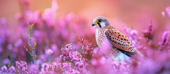 A male Kestrel bird sits among vibrant purple flowers in a moorland setting in Yorkshire Dales, UK. The bird is surrounded by a sea of blooming heather, creating a striking natural scene. - obrazy, fototapety, plakaty