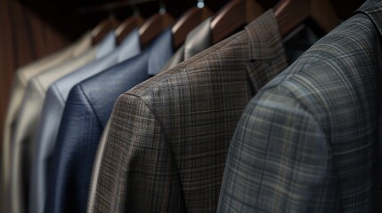 Obraz premium Commercial photo, men's plain suit, navy and grey suits, hanging in a closet. 