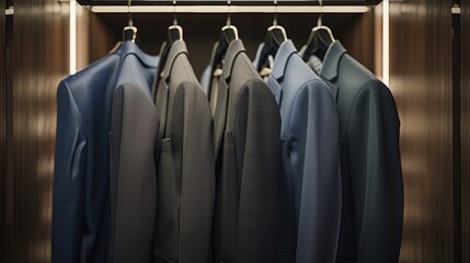 Commercial photo, men's plain suit, navy and grey suits, hanging in a closet. Ultra photorealistic,