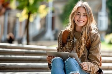 Portrait of a beautiful, happy and smiling female student working at a laptop in the park. Online education. Lifestyle of students