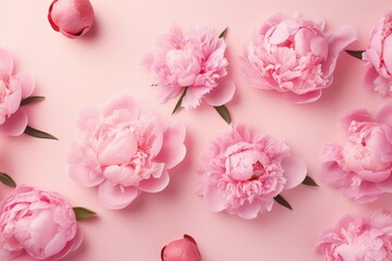 Many delicate tender pink peony flowers flat lay