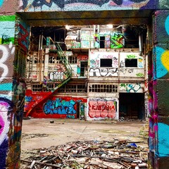 Alte Industriehalle mit Treppen und Grafitti