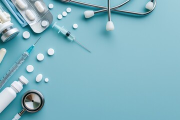 A neatly arranged collection of healthcare tools, including a stethoscope, syringes, and various pills, on a light blue background.