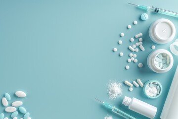 An orderly display of white medications, syringes, and medical bottles on a serene light blue background.