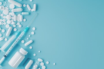 An orderly display of white medications, syringes, and medical bottles on a serene light blue background.