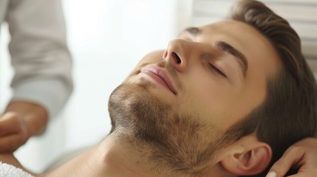 Imagine a male client in his 20s receiving a facial massage from a female esthetician,
