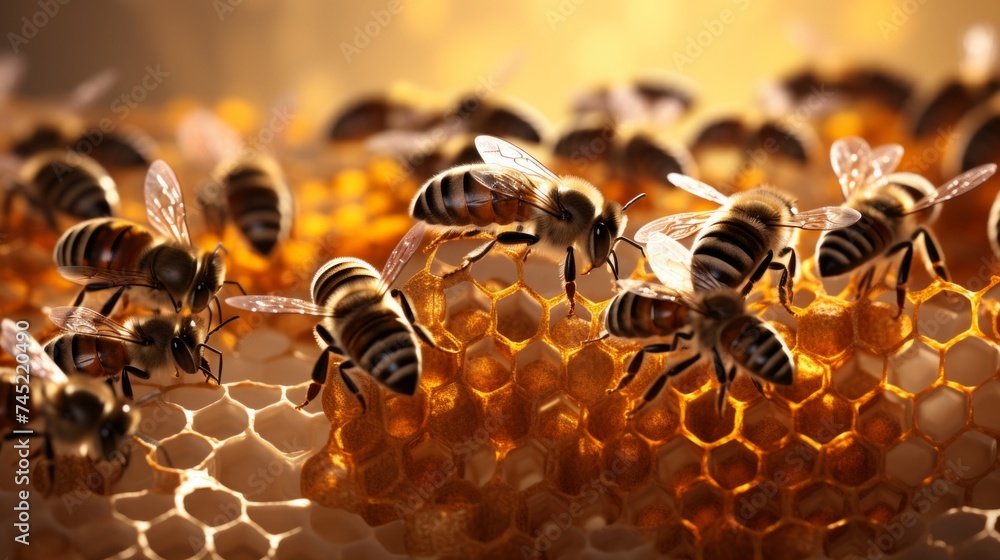 Poster generative ai bees constructing honeycombs within the hive's intricate structure