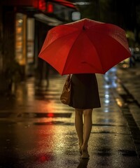 person walking down the street in the rain at night holding red umbrella. 