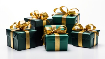 Generative AI 5 green gifts wrapped with golden ribbon on a white isolated background