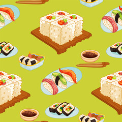 Sushi rolls seamless pattern japan Asian food vector design isolated on colorful background