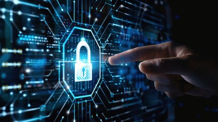 Information security with a padlock on a computer screen with a hand about to touch it 