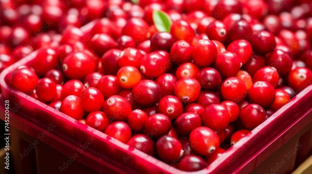 Poster a box packed with vibrant red cranberries, close-up realistic photo generative ai
