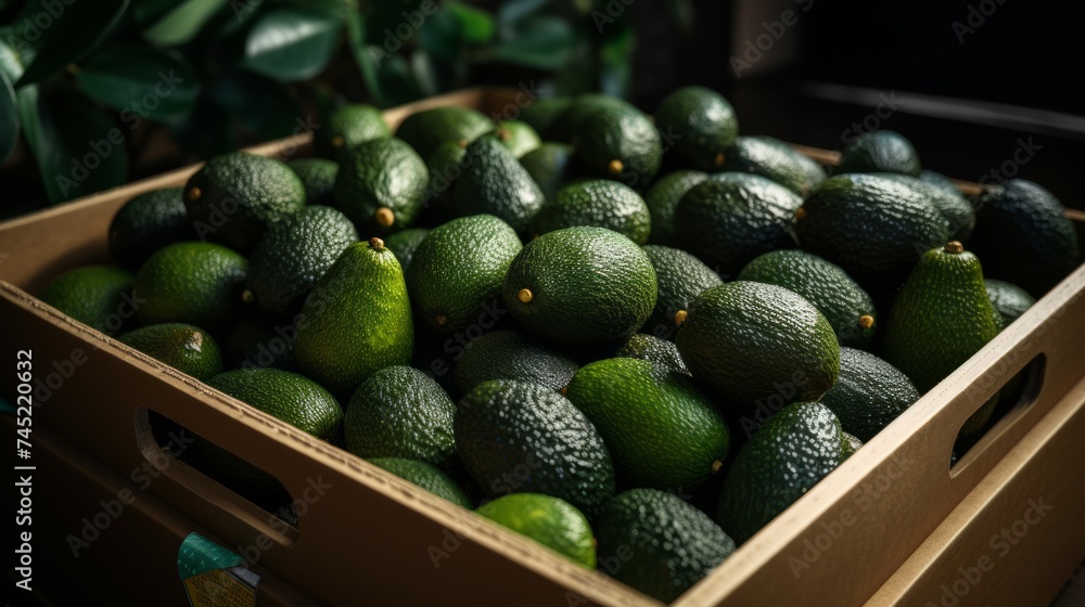 Poster a box packed with ripe avocados, close-up realistic photo generative ai