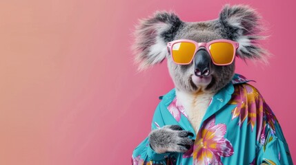 Creative animal concept. koala, vibrant bright fashionable outfits isolated on solid background 