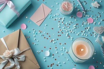 Gift box and candle on blue background flat lay