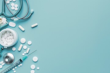 Healthcare and medical concept displaying a stethoscope, syringe, and assorted pills on a soft blue background, symbolizing medical care.