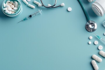 Healthcare and medical concept displaying a stethoscope, syringe, and assorted pills on a soft blue background, symbolizing medical care.