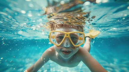 Fototapeta premium Cute child snorkeling in the swimming pool, underwater perspective, blue water in the swimming pool