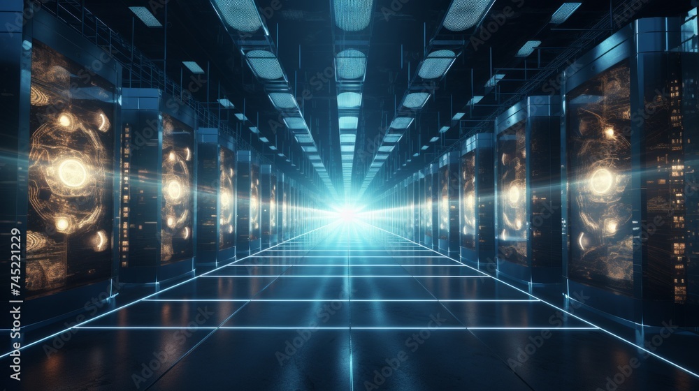 Poster generative ai a conceptual visualization of a render farm operating around the clock, showcasing its