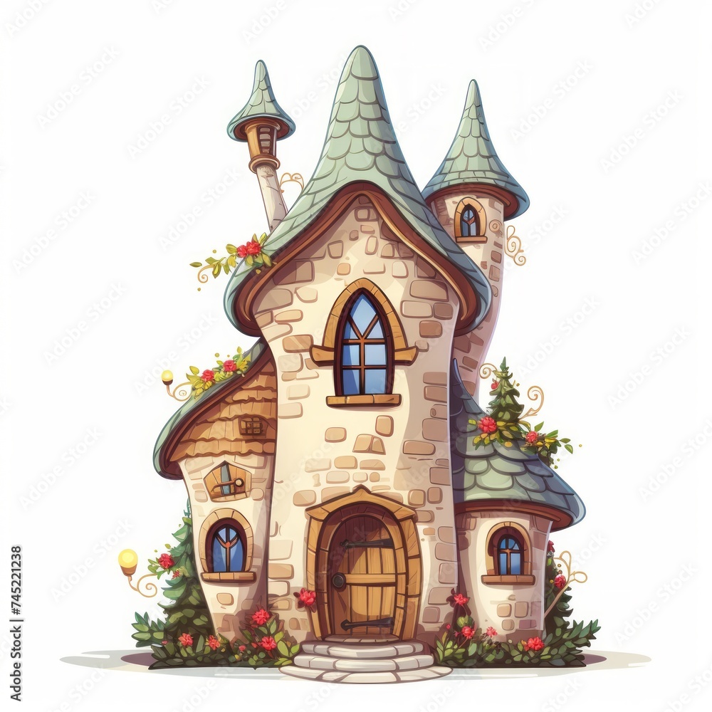 Poster generative ai a cozy fairytale dwelling featuring a quaint chimney and arched windows.
