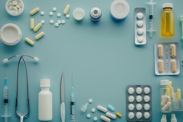 Comprehensive medical setup including syringes, various pills, and medical bottles neatly arranged on a soft blue background, depicting healthcare readiness. - obrazy, fototapety, plakaty
