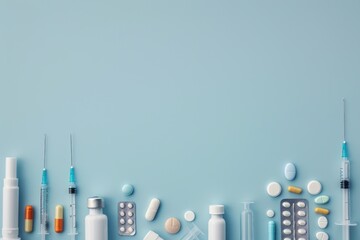 Comprehensive medical setup including syringes, various pills, and medical bottles neatly arranged on a soft blue background, depicting healthcare readiness. - obrazy, fototapety, plakaty