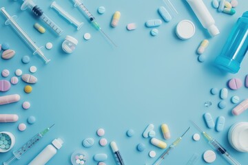 Fototapeta premium Comprehensive medical setup including syringes, various pills, and medical bottles neatly arranged on a soft blue background, depicting healthcare readiness.