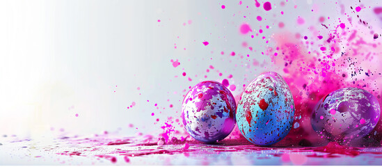 Vibrant Easter Eggs with Magenta Splashes on White