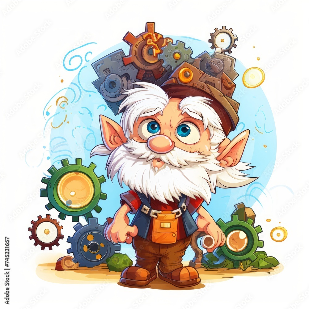 Aufkleber generative ai a curious gnome-like character tinkering with gears, portraying a young inventor.