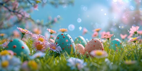 Easter eggs in a fairy green nature, spring flowers, bokeh.